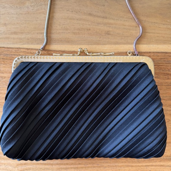 Du-Val Handbags - Vintage 50s Du-Val Black Satin Pleated Evening Clutch Bag Gold Frame Hong Kong